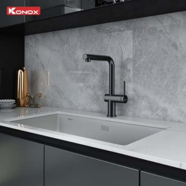 Vòi rửa bát dây rút Konox Stream Smart Gun Metal xoay 360 độ
