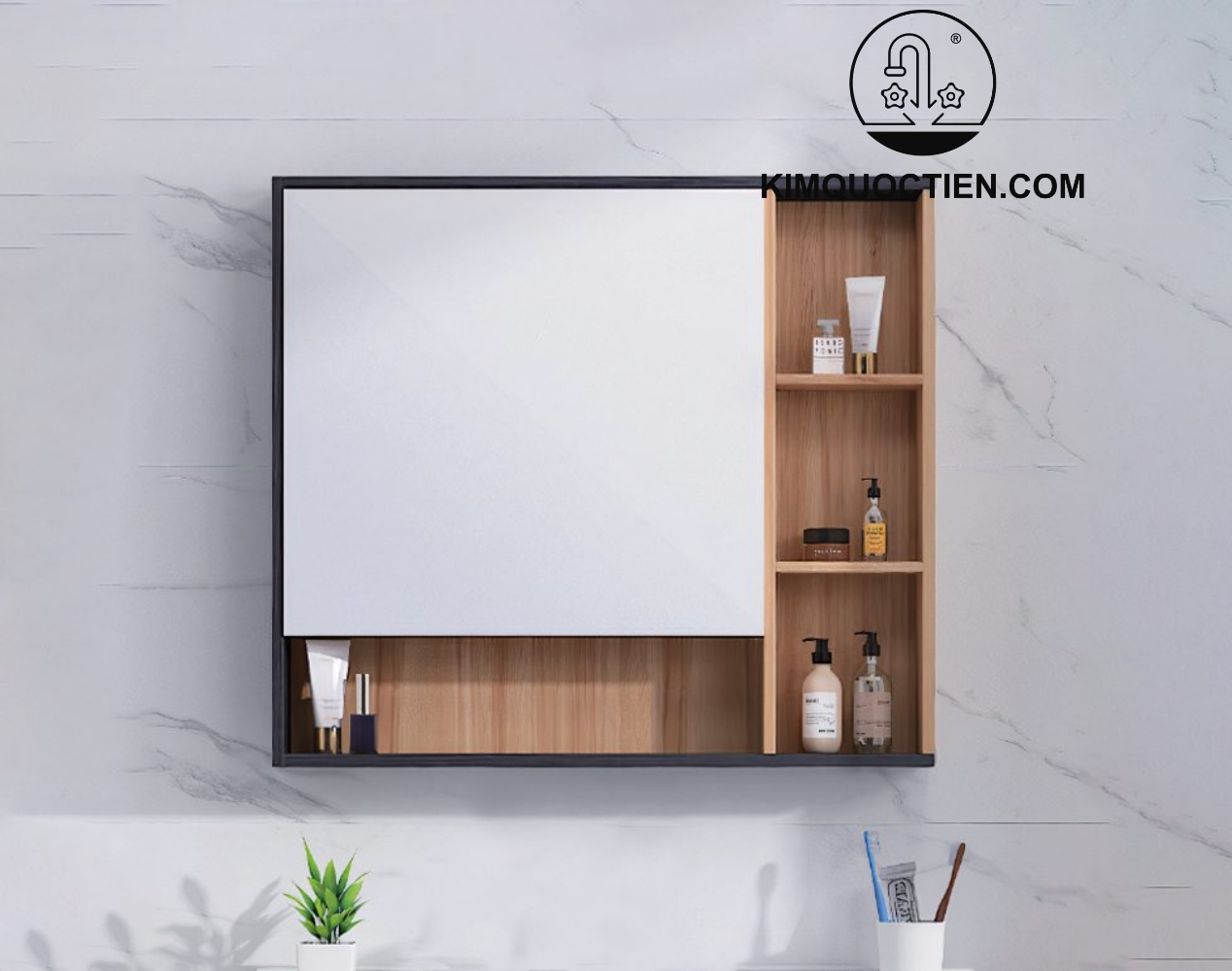 Bộ tủ chậu 800mm kèm gương LED, đầy đủ tiện ích sử dụng.