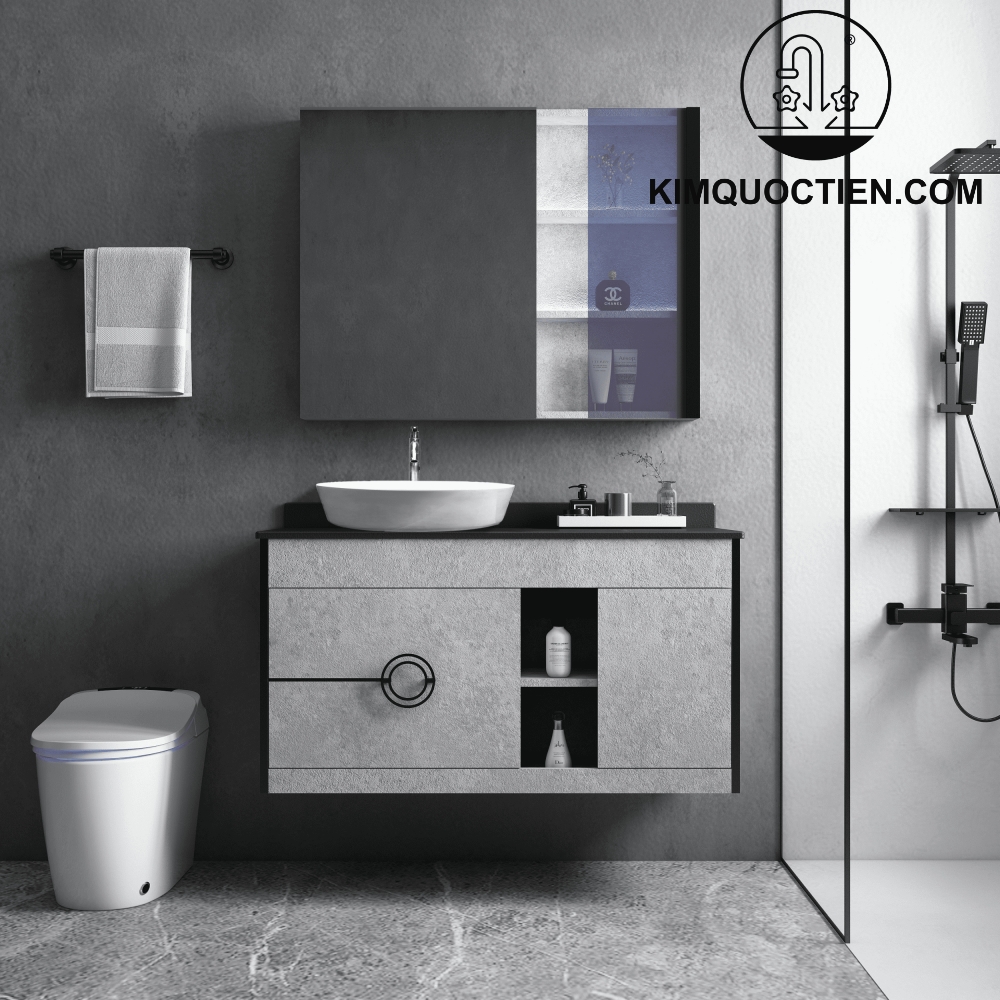 Tủ chậu MOWOEN 1000mm xám vân đá, gương LED cảm ứng