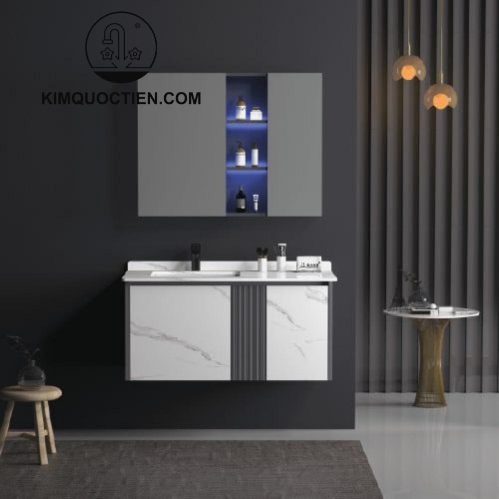 Bộ tủ chậu MOWOEN lavabo âm bàn đá, gương LED cảm ứng