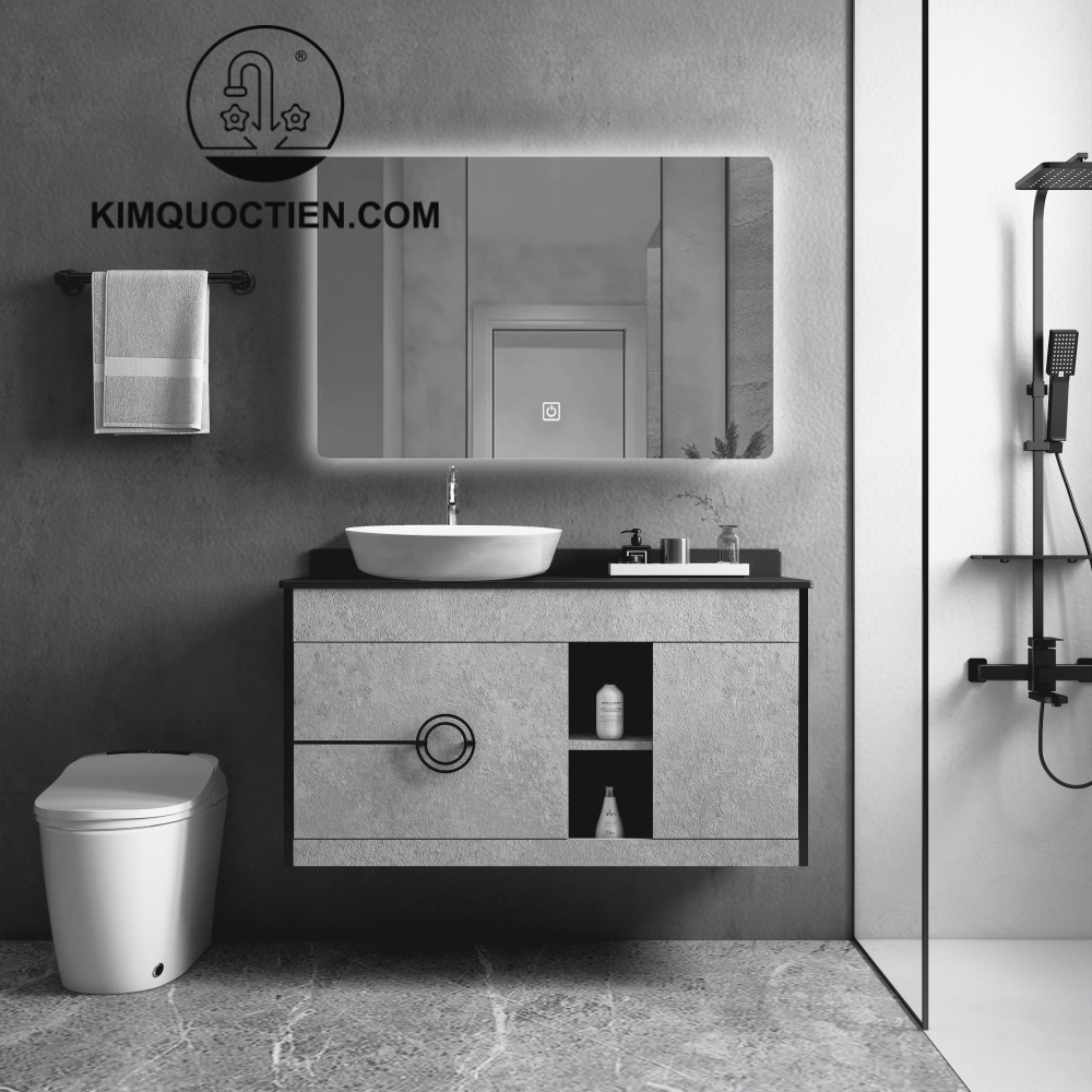 Tủ chậu MOWOEN 1000mm xám vân đá, gương LED hiện đại