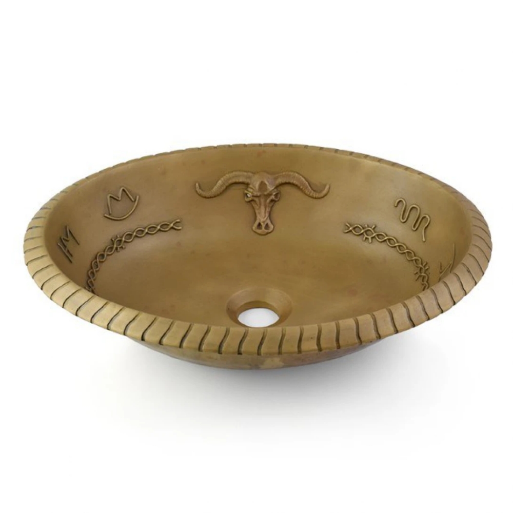 Chậu lavabo Kanly BS026 đặt bàn đồng thau họa tiết đầu trâu 490x380x130 mm