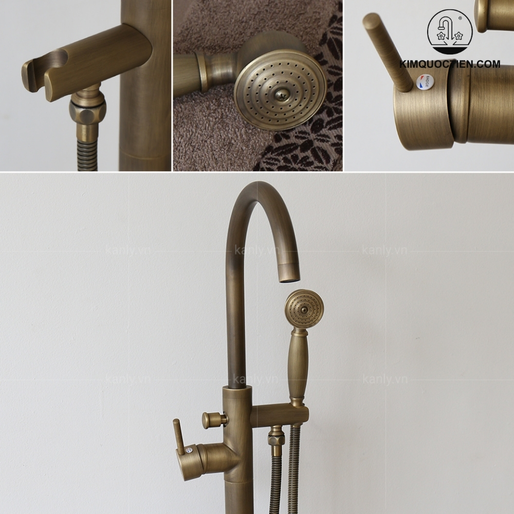 Vòi Sen Xả Bồn Tắm Kanly GCS06 Nóng Lạnh Đặt Sàn Đồng Thau Cổ Điển