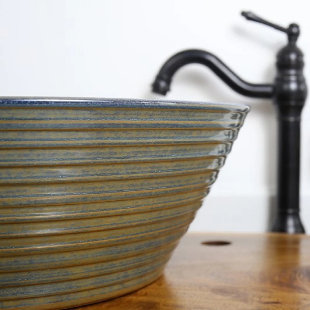 Chậu rửa mặt lavabo Kanly xanh SU018 đặt bàn sứ mỹ thuật 400x150 mm