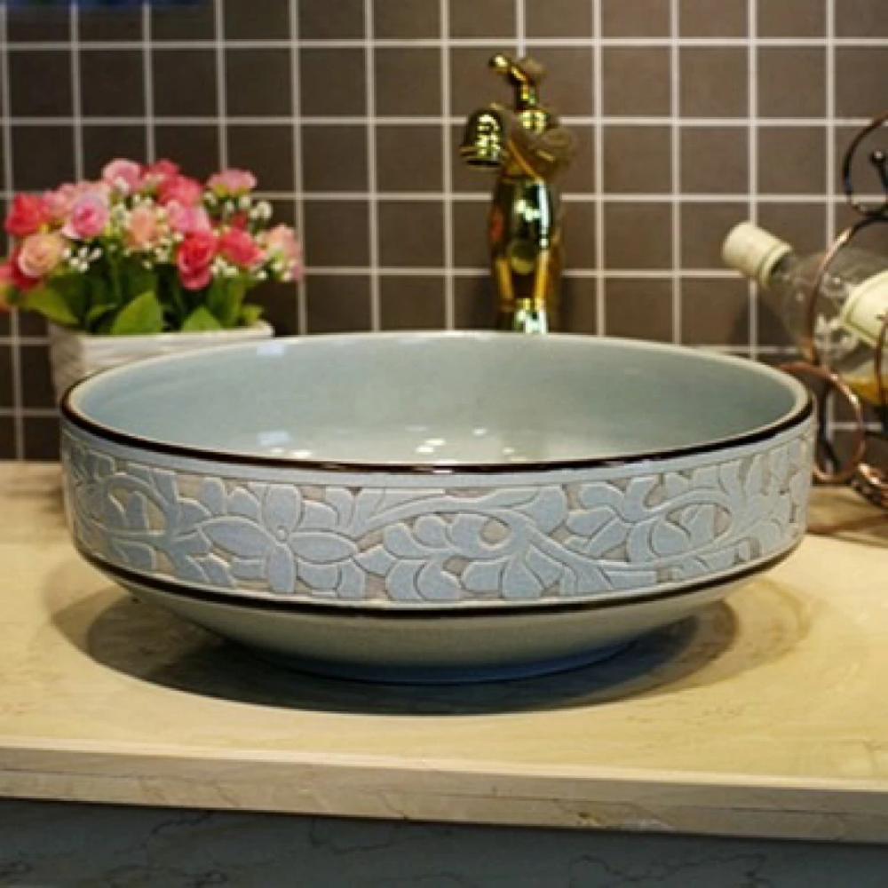 Chậu rửa mặt lavabo màu xanh Kanly SU111 đặt bàn sứ mỹ thuật 400x150mm