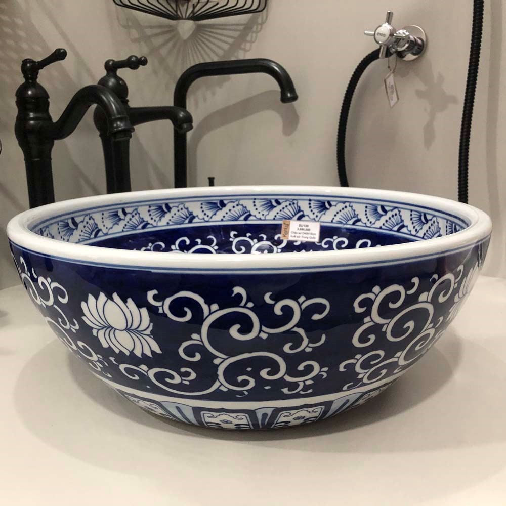 Chậu lavabo đặt bàn Kanly sứ hoa văn SU120 họa tiết bông sen
