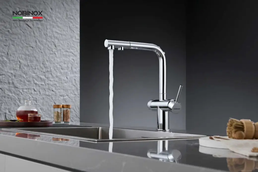 Vòi rửa chén dây rút 3 đường nước NOBINOX MIRA NX333 kiểu dáng chữ L thanh lịch