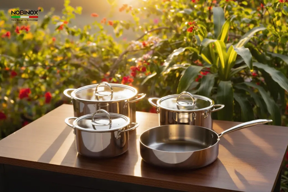 Bộ nồi inox NOBINOX PLANUM NX800 được thiết kế theo phong cách hiện đại với bề mặt inox bóng