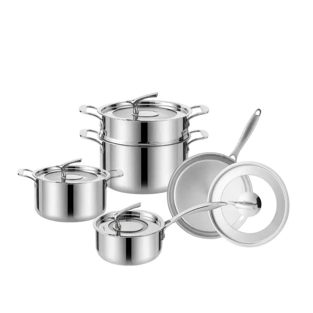 Bộ nồi chảo inox NOBINOX VESTA NX520 được thiết kế theo phong cách hiện đại với bề mặt inox sáng bóng