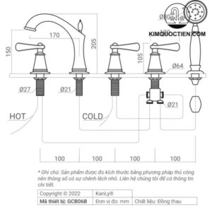 Vòi Xả Bồn Tắm 5 Lỗ Kanly GCB06B Nóng Lạnh Bằng Đồng Màu Đen