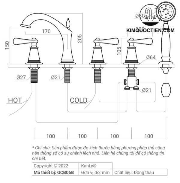 Vòi Xả Bồn Tắm 5 Lỗ Kanly GCB06B Nóng Lạnh Bằng Đồng Màu Đen