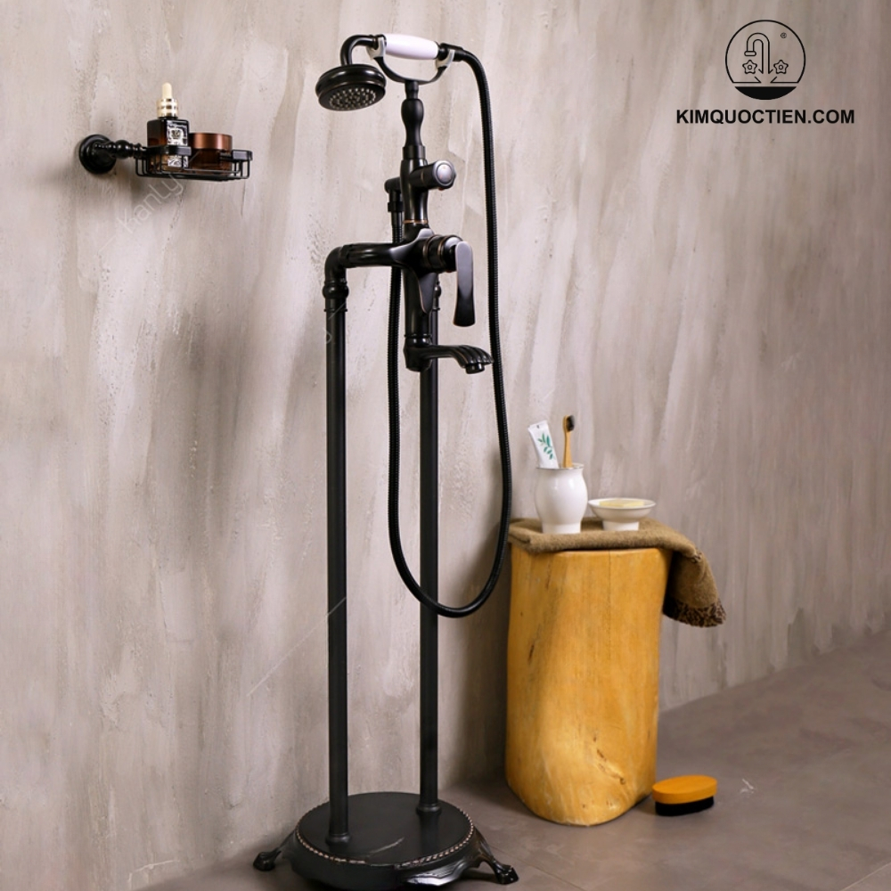 Vòi Sen Xả Bồn Tắm Kanly GCS09B Nóng Lạnh Đặt Sàn Bằng Đồng Màu Đen
