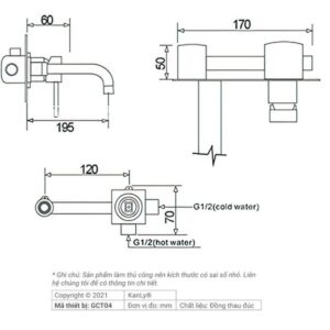 Vòi lavabo Kanly GCT04 nóng lạnh gắn tường bằng đồng