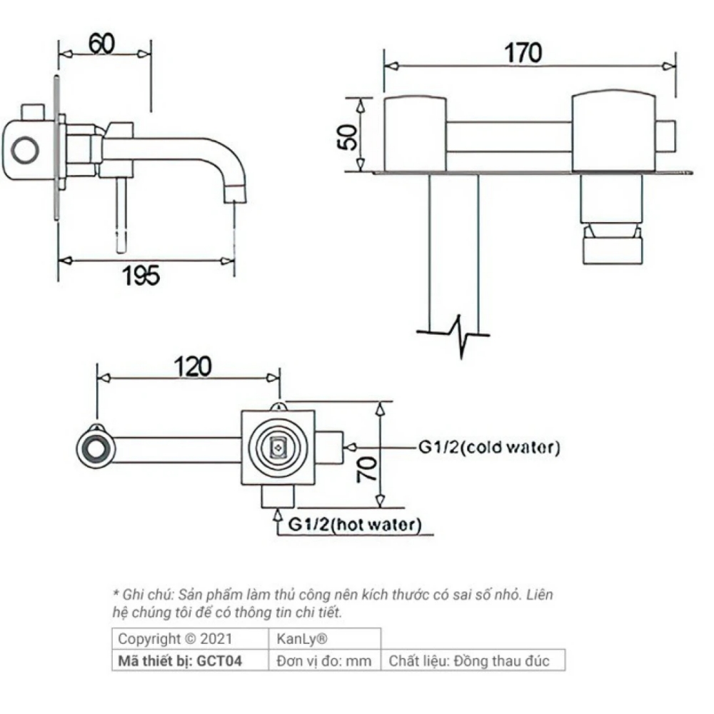 Vòi lavabo Kanly GCT04 nóng lạnh gắn tường bằng đồng