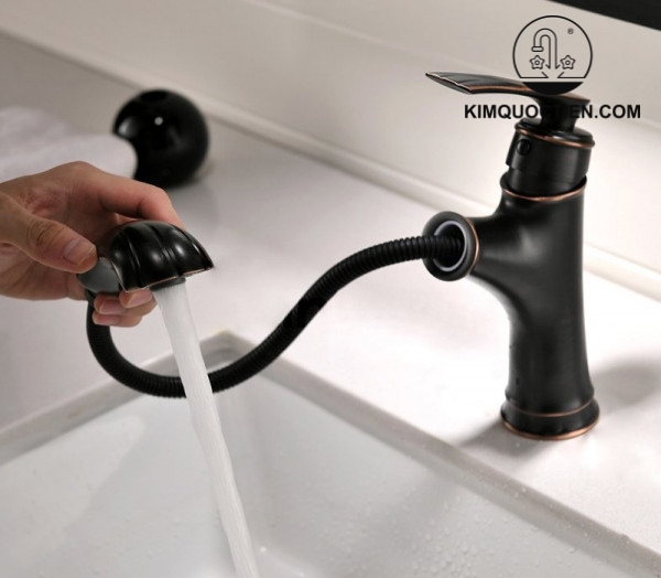 Vòi Lavabo Kanly GCV42B Nóng Lạnh Có Rút Dây Màu Đen