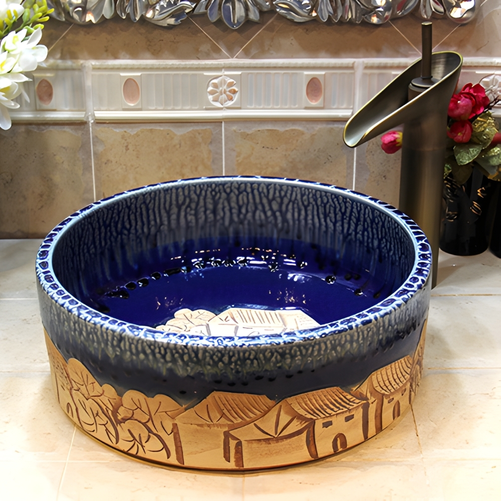 Chậu Rửa Mặt Lavabo Kanly Hoa Văn Nghệ Thuật SU005 Đặt Bàn Bằng Sứ 400x150 mm