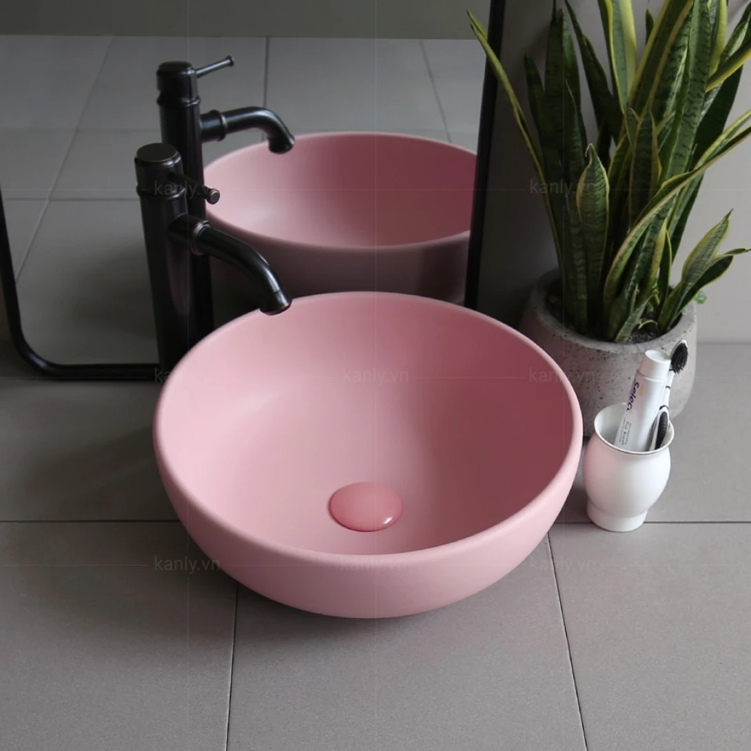 Chậu Lavabo Kanly SU510 Đặt Bàn Sứ Tròn Màu Hồng