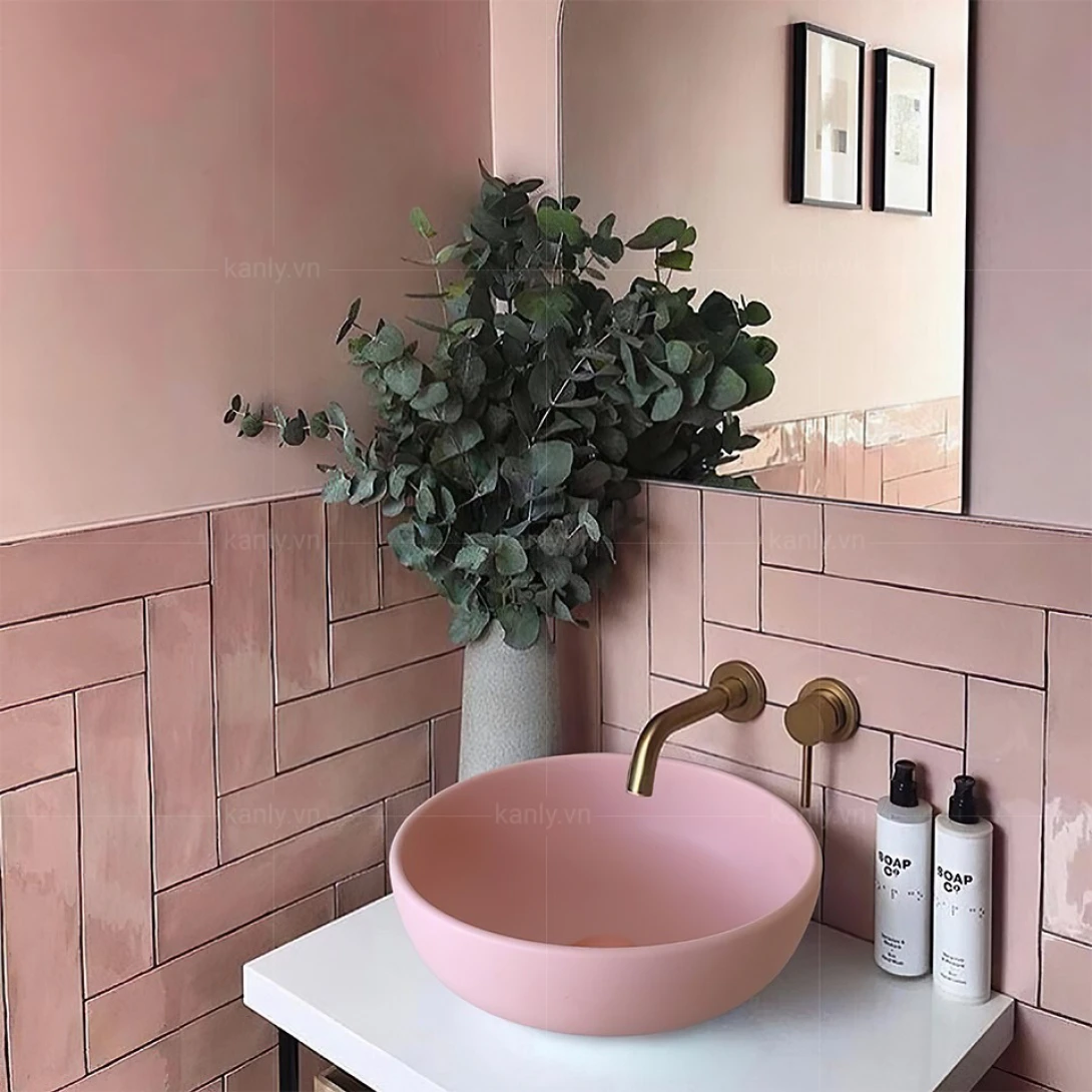 Chậu Lavabo Kanly SU510 Đặt Bàn Sứ Tròn Màu Hồng