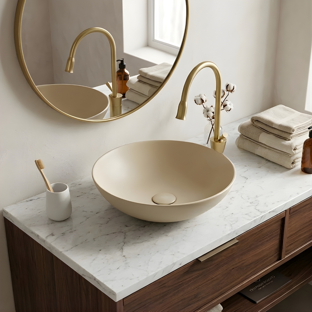 Chậu Lavabo Kanly SU531L Đặt Bàn Sứ Tròn Màu Be 400x140 mm