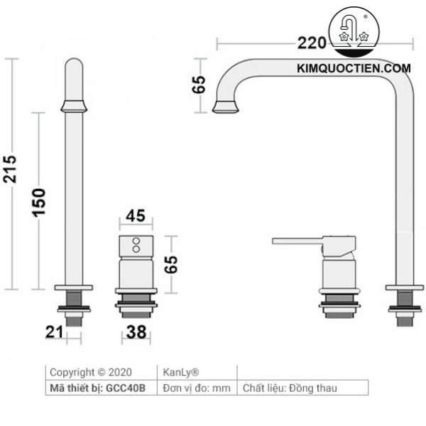Vòi Lavabo Âm Bàn Kanly GCC40B Nóng Lạnh