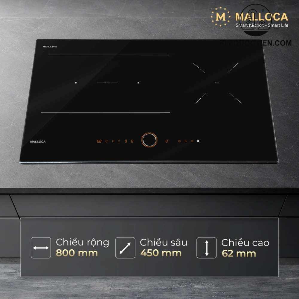 Bếp từ kết hợp hồng ngoại 3 vùng nấu 80 cm Malloca MIR9021ES