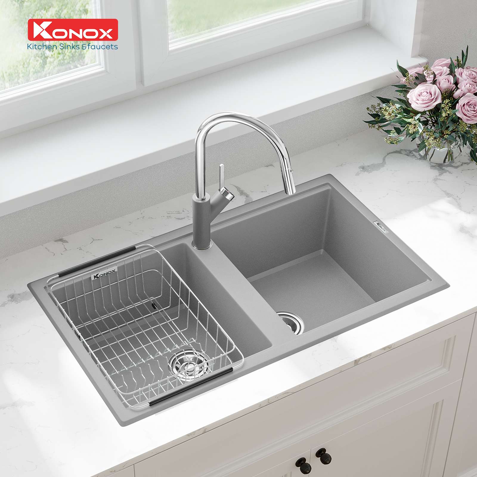 Chậu Rửa Bát Đá KONOX Phoenix Smart 860 Grey 2 Hố 860mm