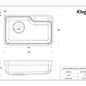 Bản vẽ kỹ thuật Chậu rửa chén 1 hộc KLUGER KF7848FS-DO Basic