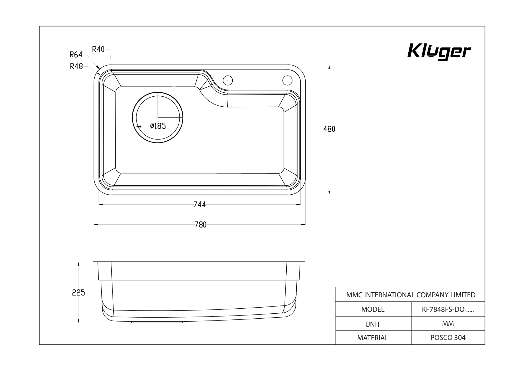 Bản vẽ kỹ thuật Chậu rửa chén 1 hộc KLUGER KF7848FS-DO Basic