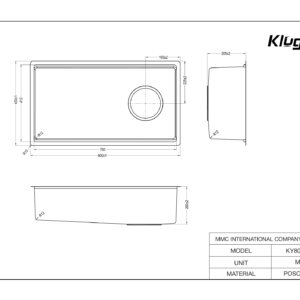 Bản vẽ kỹ thuật Chậu rửa chén 1 hộc KLUGER KY8045ST Basic