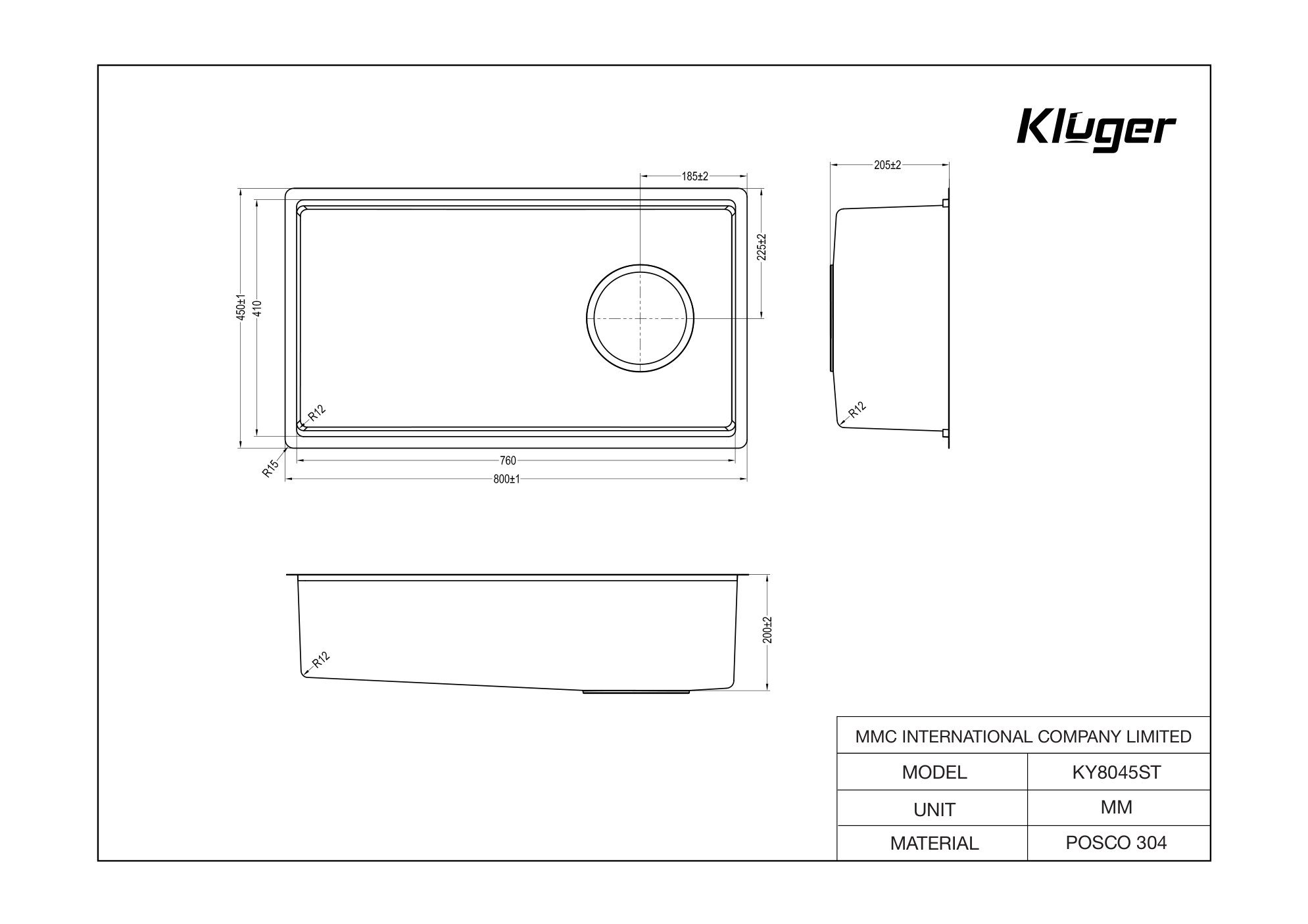 Bản vẽ kỹ thuật Chậu rửa chén 1 hộc KLUGER KY8045ST Basic