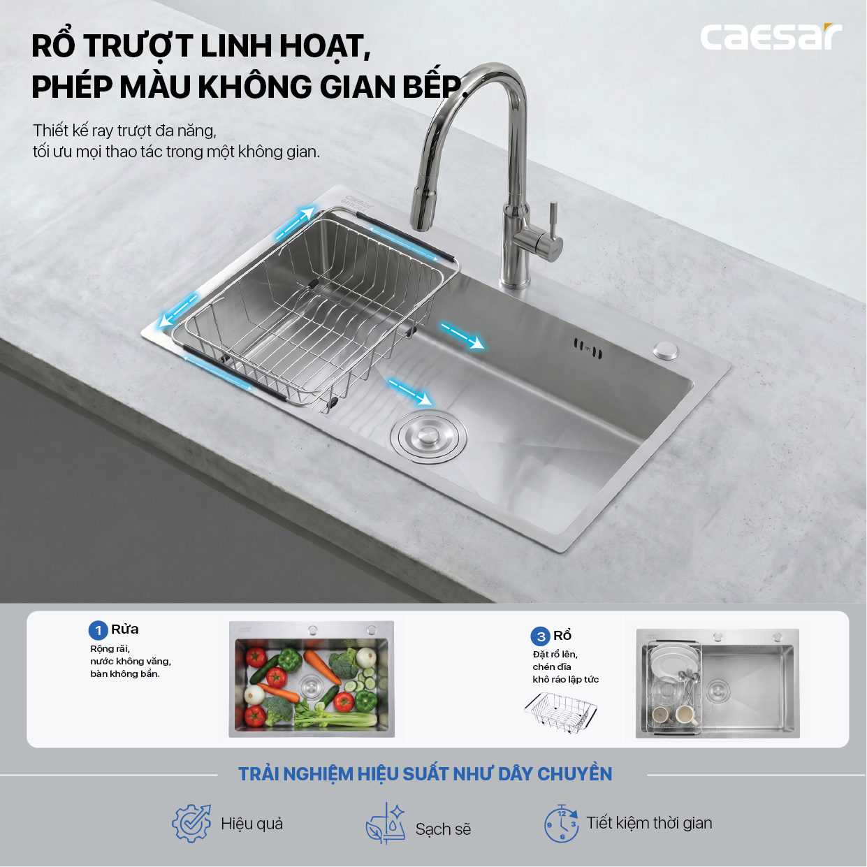 Chậu Rửa Chén Inox Caesar KSH01H060SX 1 Hộc 600x450mm Lắp Nổi