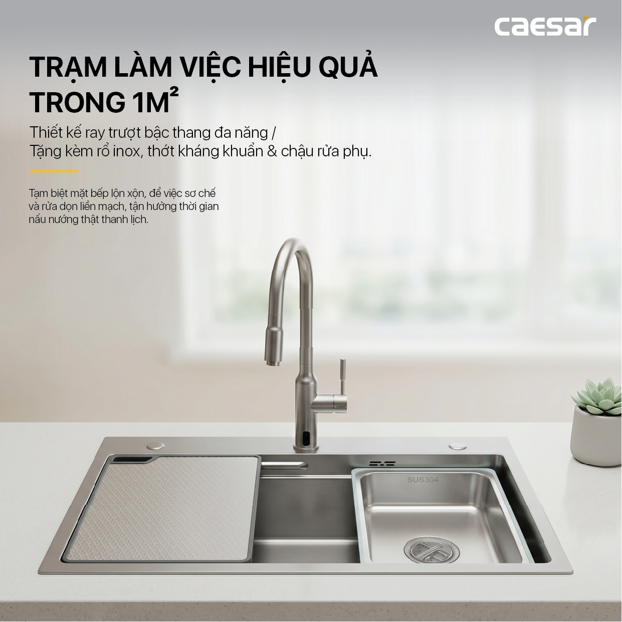 Chậu Rửa Chén Inox Caesar KSH01H075SX 1 Hộc 750x460mm Lắp Nổi