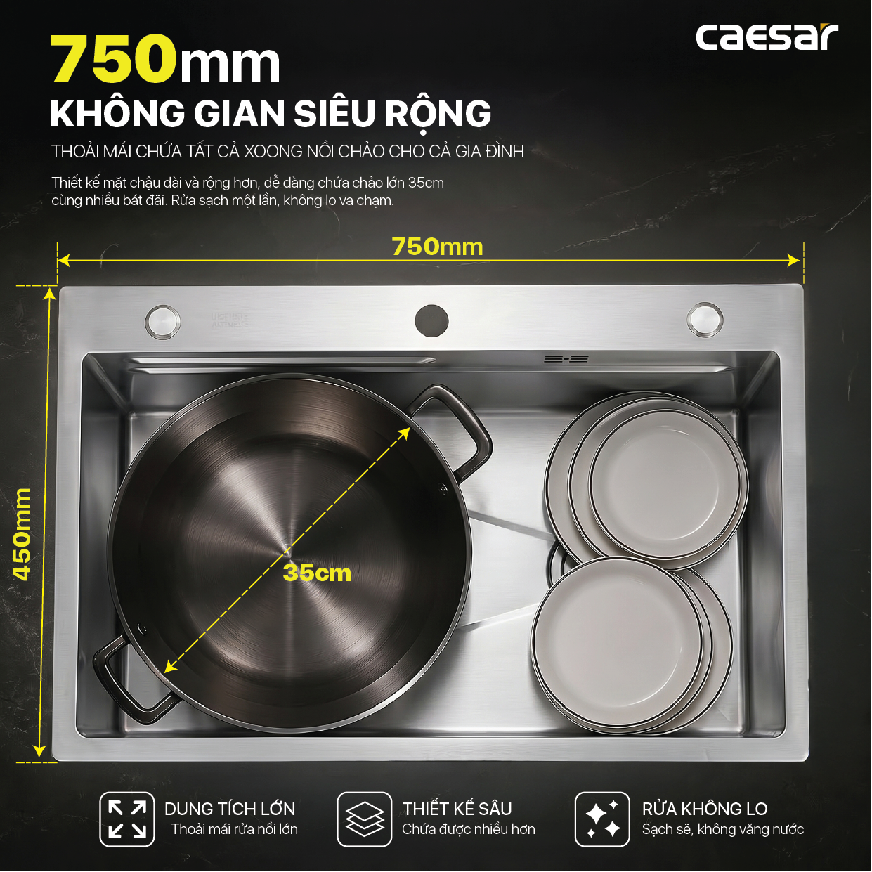 Chậu Rửa Chén Inox Caesar KSH01H075SX 1 Hộc 750x460mm Lắp Nổi