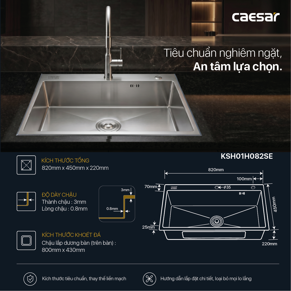 Chậu Rửa Chén Inox Caesar KSH01H082SE 1 Hộc 820x450mm Lắp Nổi