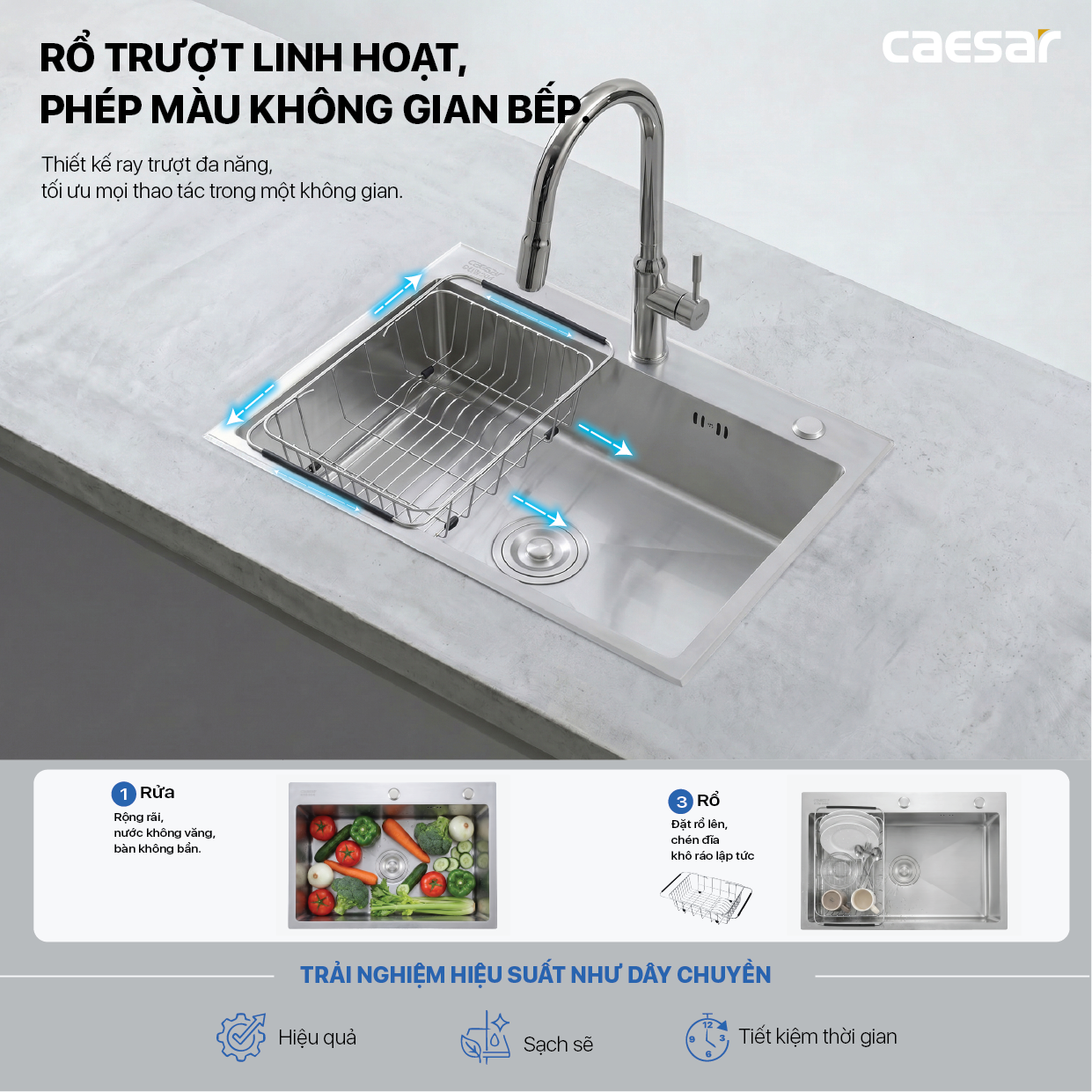 Chậu Rửa Chén Inox Caesar KSH01H082SE 1 Hộc 820x450mm Lắp Nổi