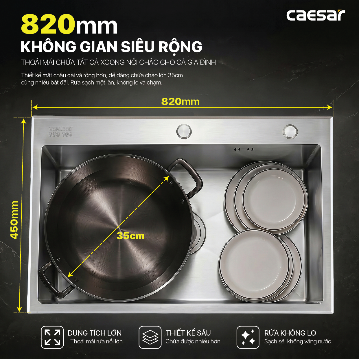 Chậu Rửa Chén Inox Caesar KSH01H082SE 1 Hộc 820x450mm Lắp Nổi