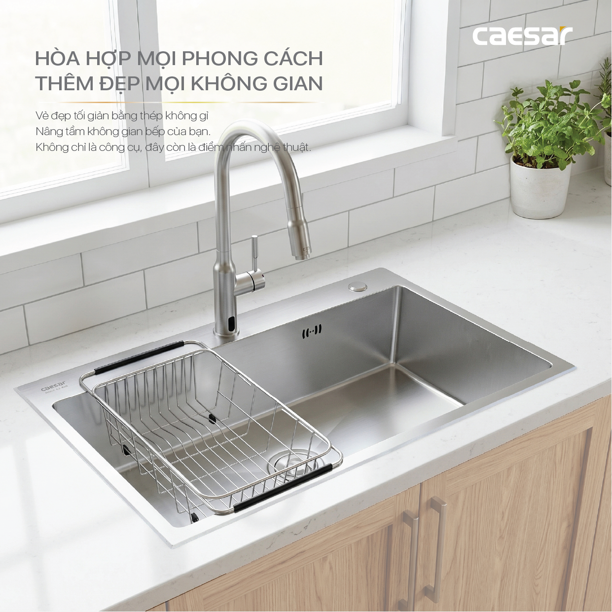 Chậu Rửa Chén Inox Caesar KSH01H082SE 1 Hộc 820x450mm Lắp Nổi