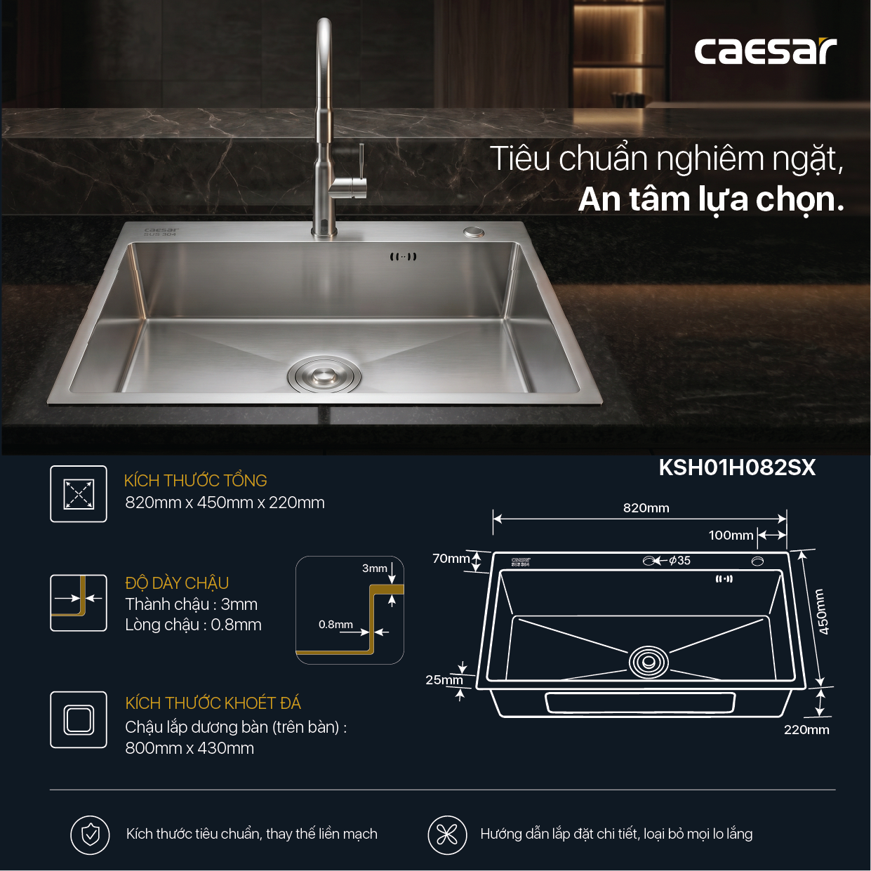 Chậu Rửa Chén Inox Caesar KSH01H082SX 1 Hộc 820x450mm Lắp Nổi