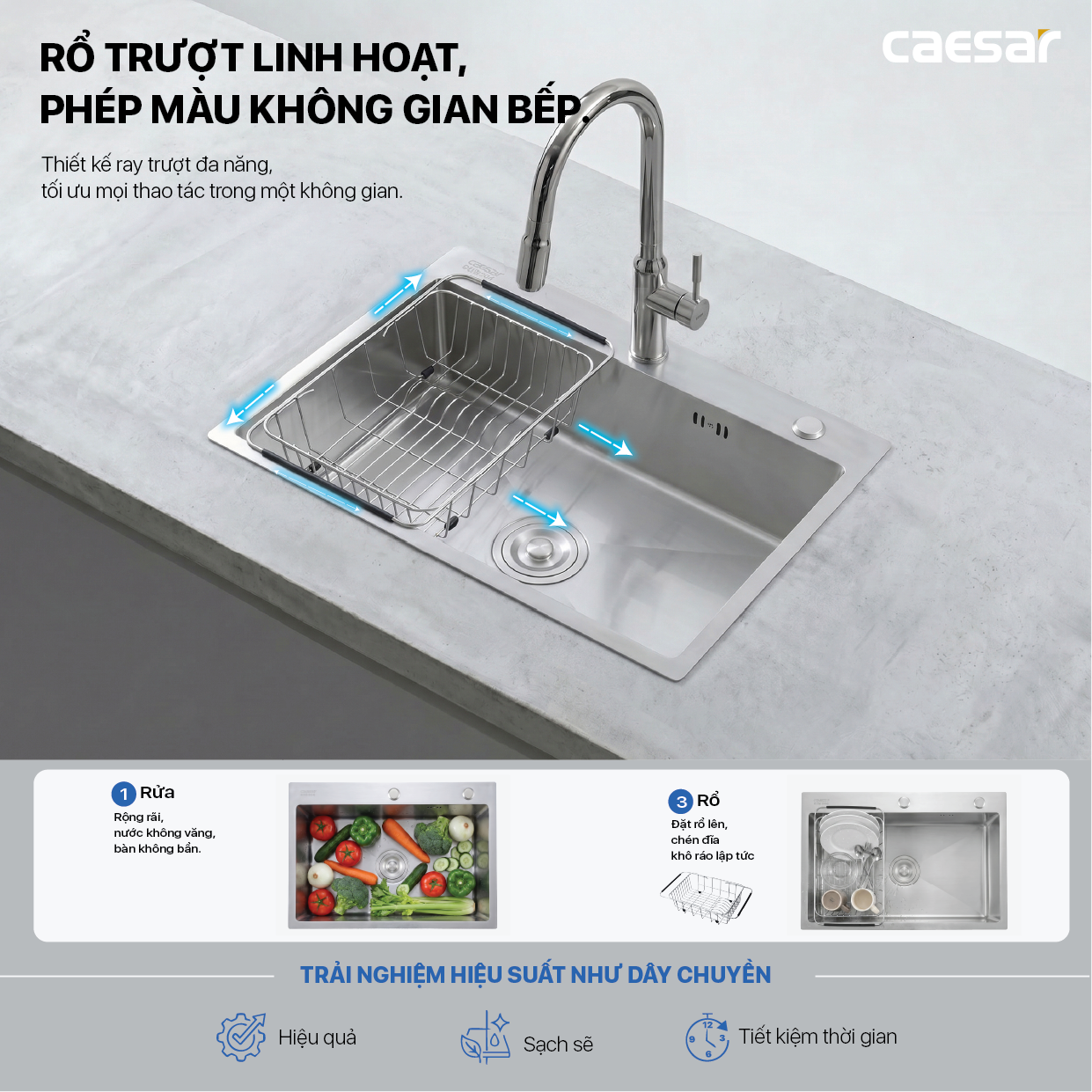 Chậu Rửa Chén Inox Caesar KSH01H082SX 1 Hộc 820x450mm Lắp Nổi