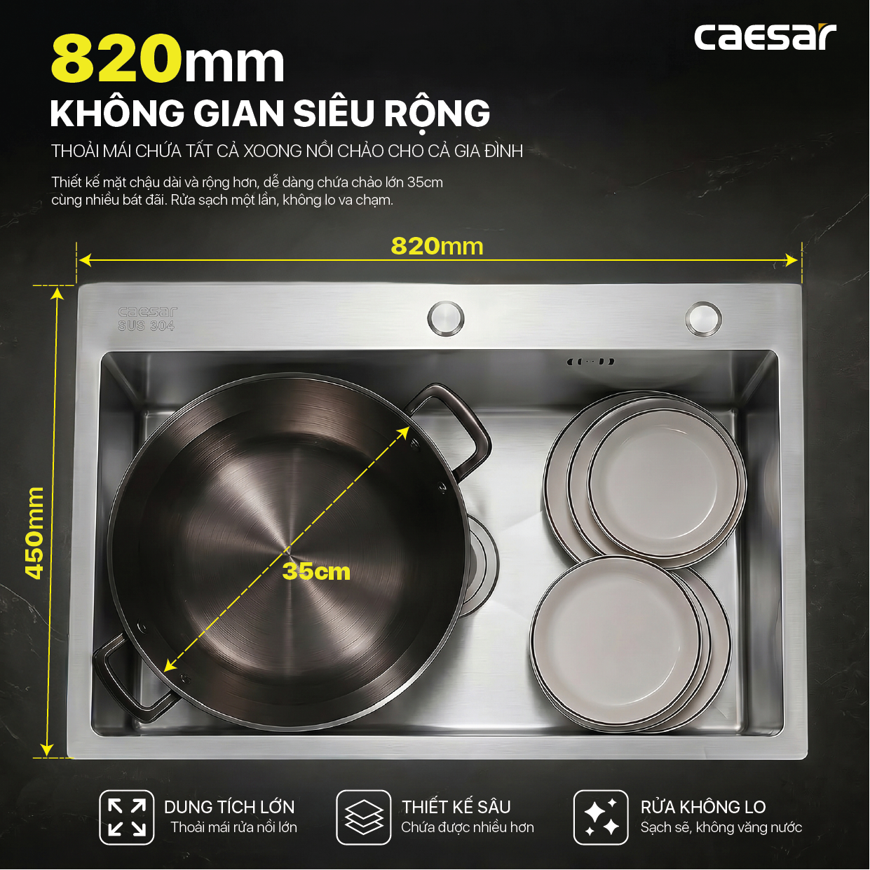 Chậu Rửa Chén Inox Caesar KSH01H082SX 1 Hộc 820x450mm Lắp Nổi