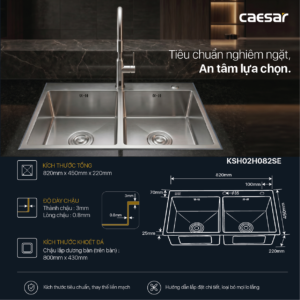 Chậu Rửa Chén Inox Caesar KSH02H082SE 2 Hộc 820x450mm