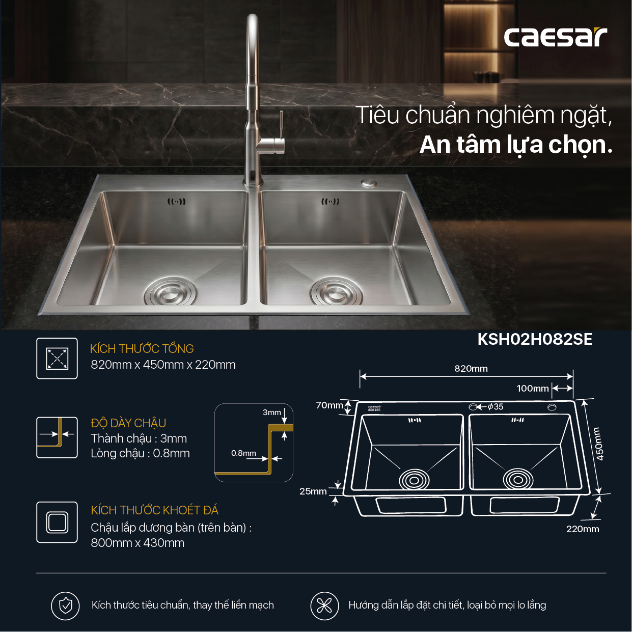 Chậu Rửa Chén Inox Caesar KSH02H082SE 2 Hộc 820x450mm