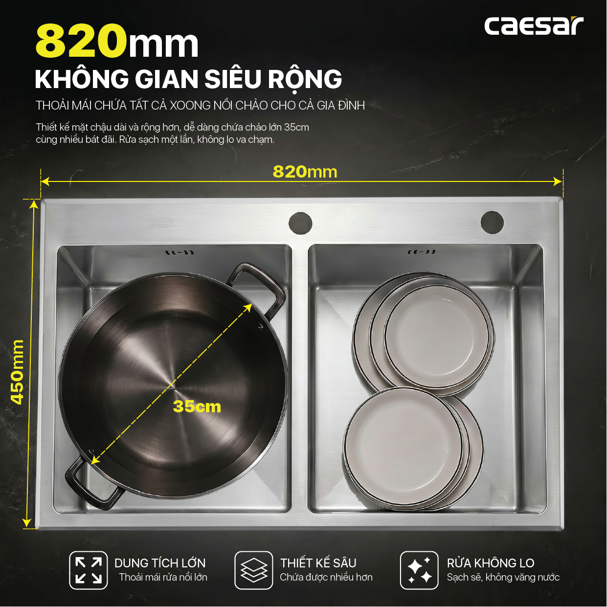 Chậu Rửa Chén Inox Caesar KSH02H082SE 2 Hộc 820x450mm
