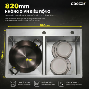 Chậu Rửa Chén Inox Caesar KSH02H082SX 2 Hộc 820x450mm Lắp Nổi
