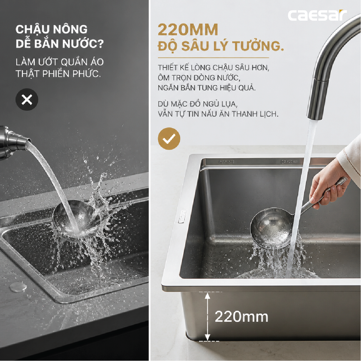 Chậu Rửa Chén Inox Caesar KSH02H082SX 2 Hộc 820x450mm Lắp Nổi