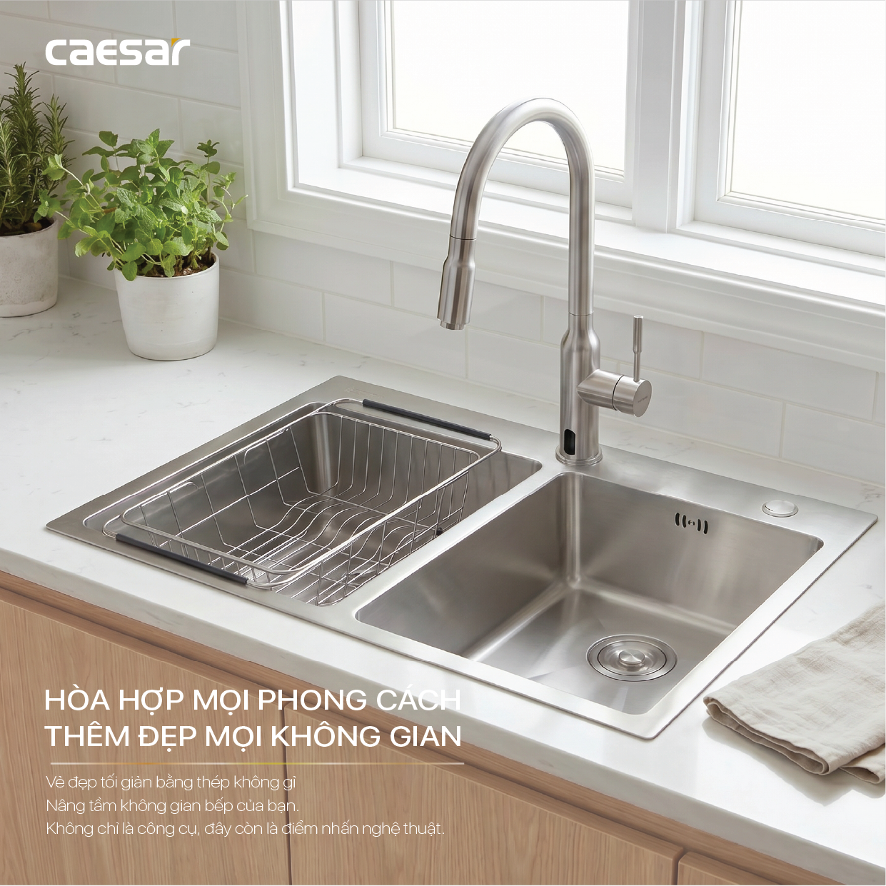 Chậu Rửa Chén Inox Caesar KSH02H082SX 2 Hộc 820x450mm Lắp Nổi