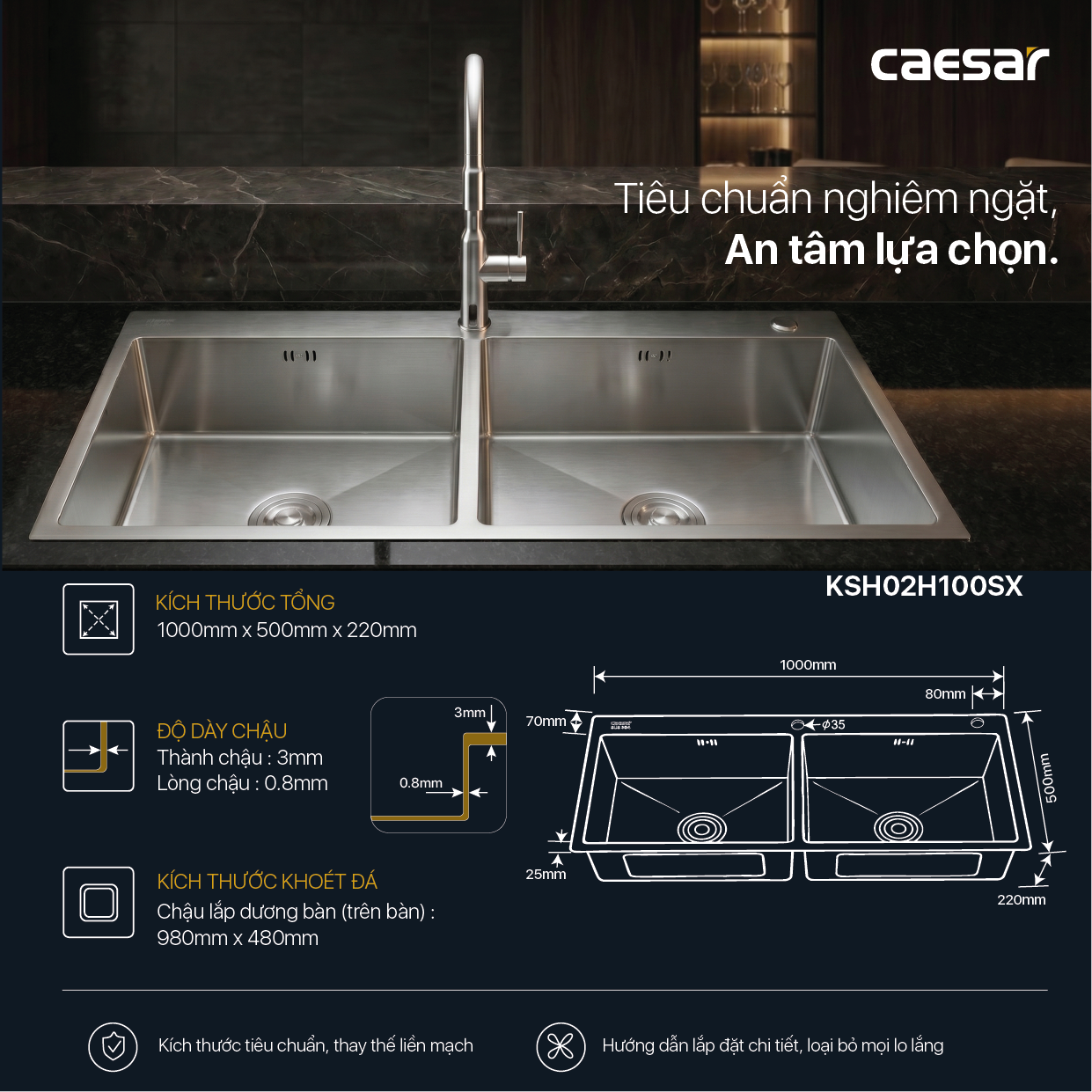 Chậu Rửa Chén Inox Caesar KSH02H100SX 2 Hộc 1000x500mm Lắp Nổi