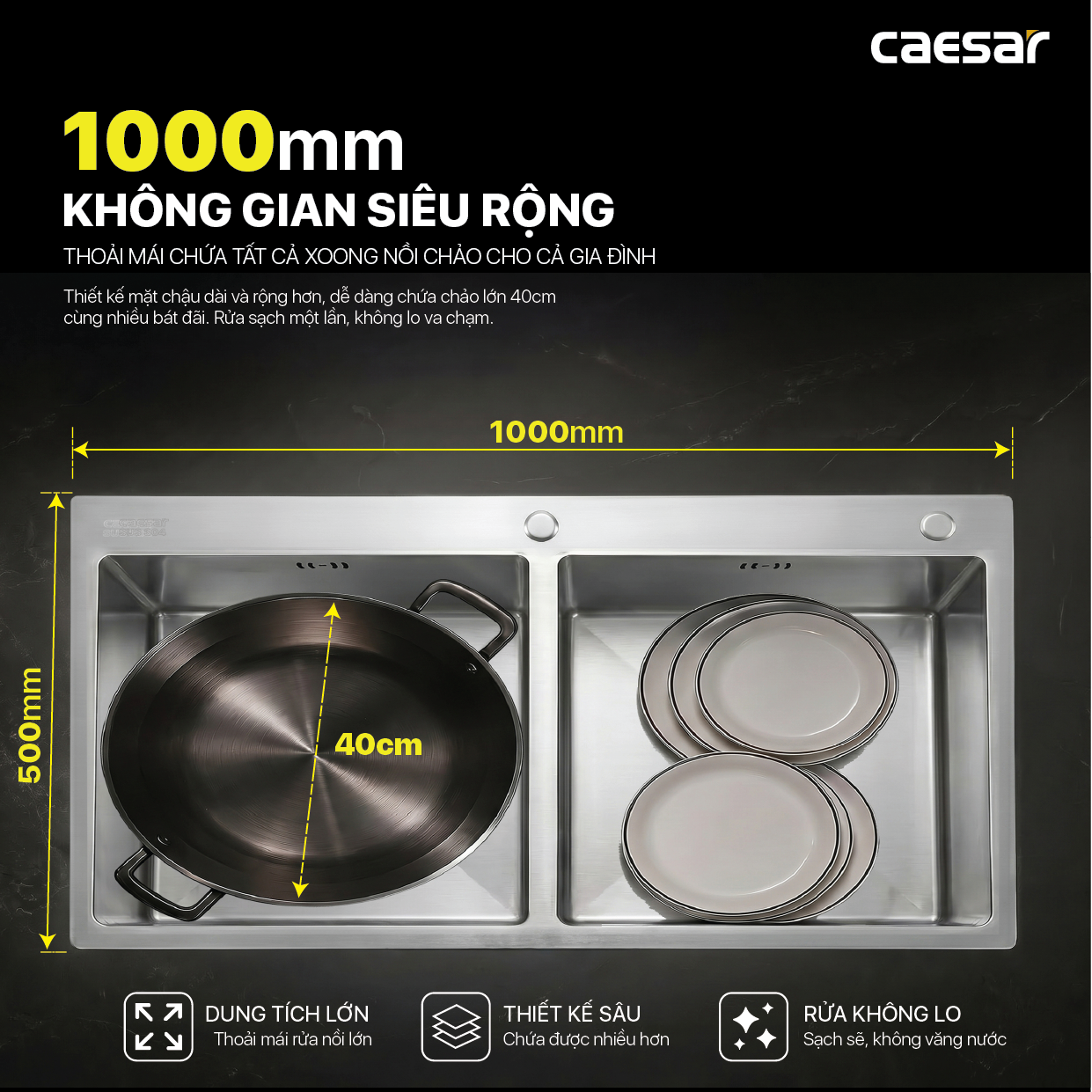 Chậu Rửa Chén Inox Caesar KSH02H100SX 2 Hộc 1000x500mm Lắp Nổi