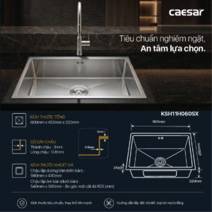 Chậu Rửa Chén Inox Caesar KSH11H060SX 1 Hộc 600x450mm Lắp Âm