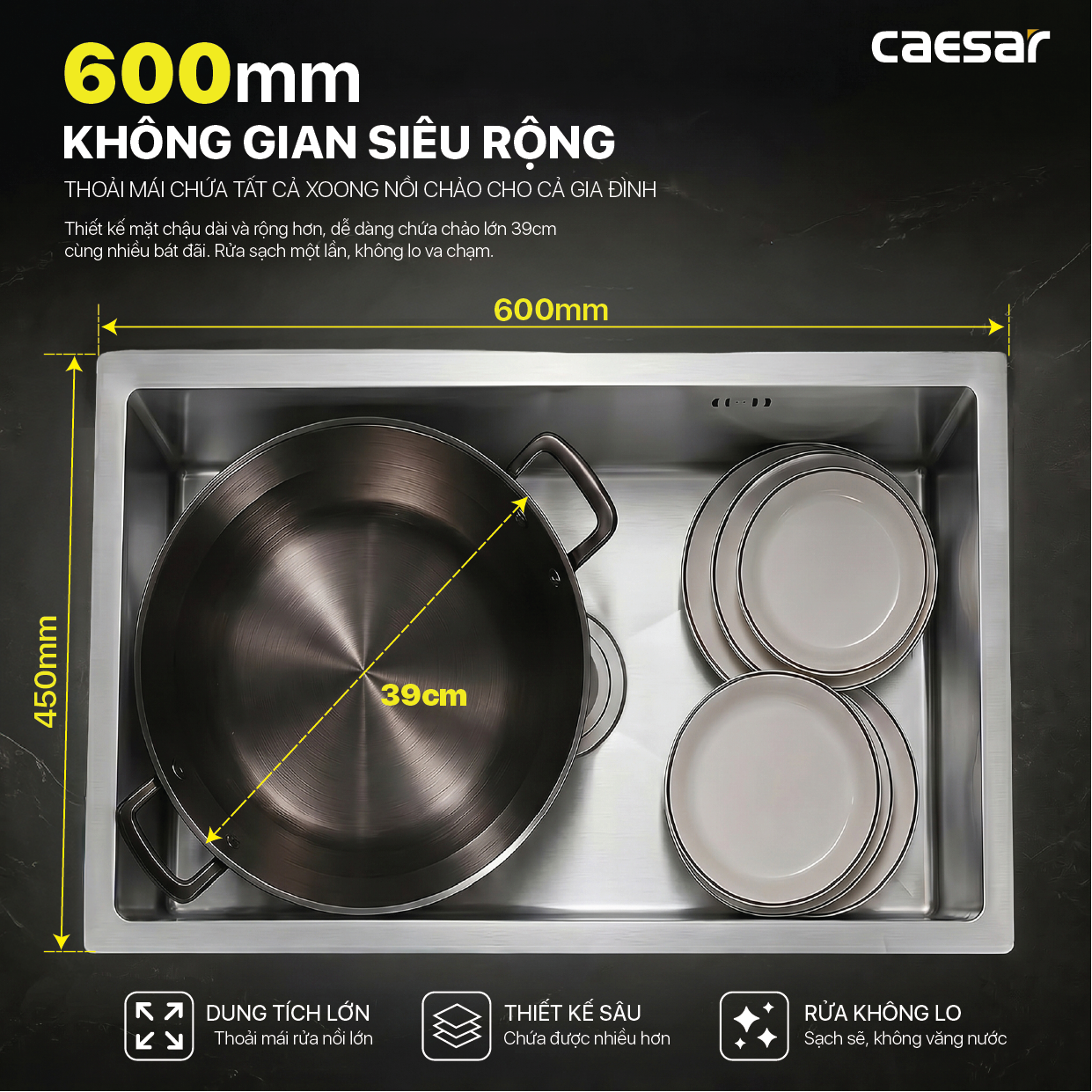 Chậu Rửa Chén Inox Caesar KSH11H060SX 1 Hộc 600x450mm Lắp Âm